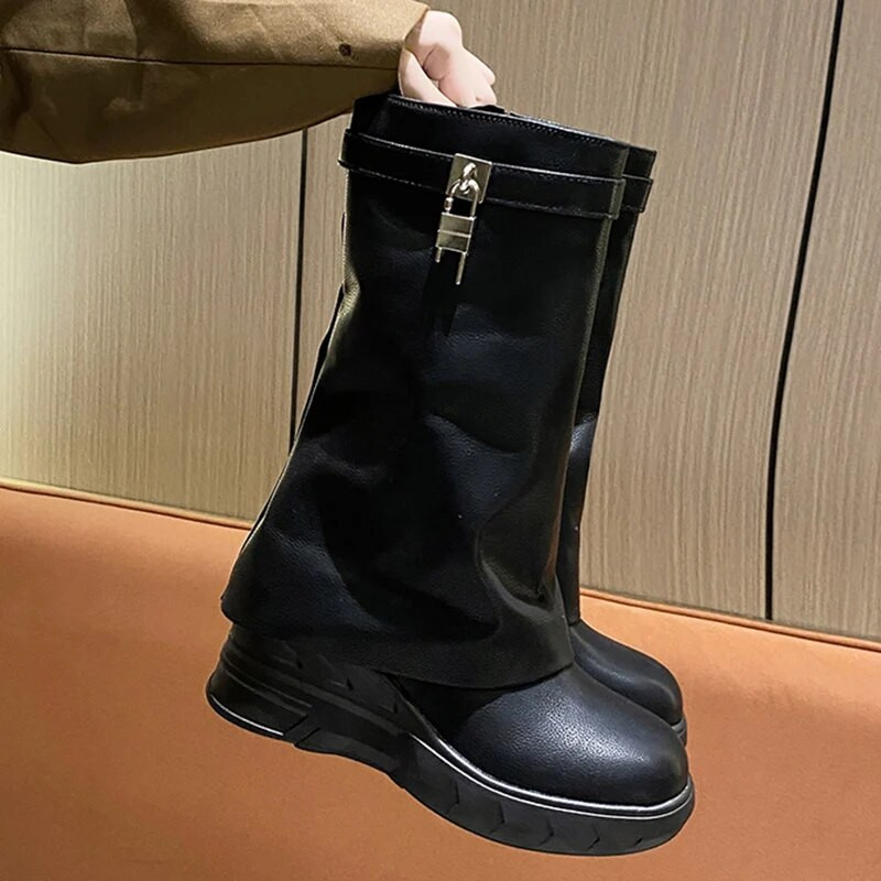 Fashions Wedges Μποτάκια Πλατφόρμας για Γυναικεία 2024 Σχέδιο Shark Lock Ροζ με φερμουάρ στη μέση της γάμπας Μαλακό δερμάτινο μποτάκι μοτοσικλέτας Botas