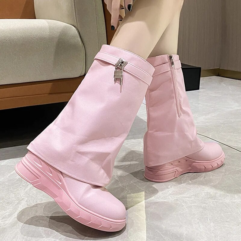 Fashions Wedges Μποτάκια Πλατφόρμας για Γυναικεία 2024 Σχέδιο Shark Lock Ροζ με φερμουάρ στη μέση της γάμπας Μαλακό δερμάτινο μποτάκι μοτοσικλέτας Botas