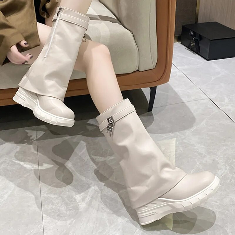 Fashions Wedges Μποτάκια Πλατφόρμας για Γυναικεία 2024 Σχέδιο Shark Lock Ροζ με φερμουάρ στη μέση της γάμπας Μαλακό δερμάτινο μποτάκι μοτοσικλέτας Botas