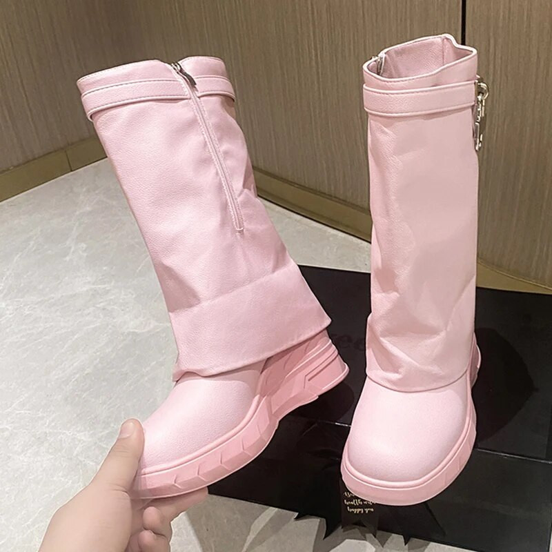 Fashions Wedges Μποτάκια Πλατφόρμας για Γυναικεία 2024 Σχέδιο Shark Lock Ροζ με φερμουάρ στη μέση της γάμπας Μαλακό δερμάτινο μποτάκι μοτοσικλέτας Botas