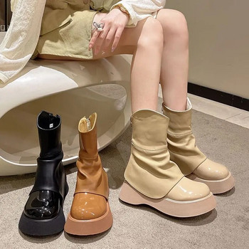 2023 Νέες γυναικείες λευκές μπότες αστραγάλου PU Δερμάτινες μπότες στοίβαξης Combat Γυναικεία φθινοπωρινά παπούτσια χειμερινής πλατφόρμας Γυναικείες μπότες Martin