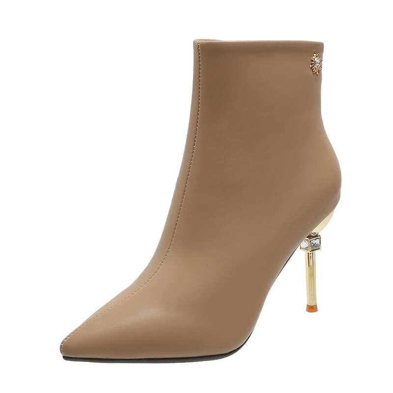 2023. aasta kuum müük naiste kingad, talved naiste saapad, ühevärvilised terava ninaga tõmblukuga kõrged kontsad, metallist kaunistus Zapatillas De Mujer