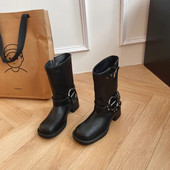 Πόρπη ζώνης Western Cowboy Μπότες Φθινόπωρο, Χειμώνας Ρετρό Πανκ Στρογγυλό Δάχτυλο Μπότες με χοντρό τακούνι στη μέση της γάμπας Μόδα πολυτελή δερμάτινα γυναικεία παπούτσια