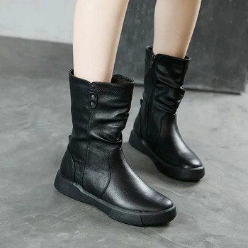 Обувки Високи до половината на прасеца Дамски ботуши Плоски черни обувки за жени С кръгли пръсти Безплатна доставка Промоция Мода 2023 Демисезонна