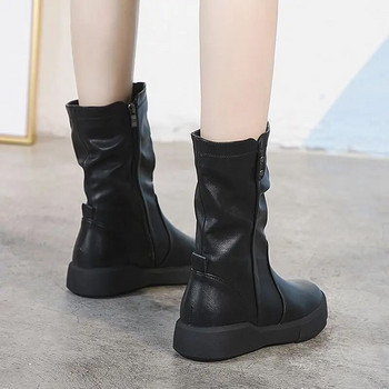 Обувки Високи до половината на прасеца Дамски ботуши Плоски черни обувки за жени С кръгли пръсти Безплатна доставка Промоция Мода 2023 Демисезонна