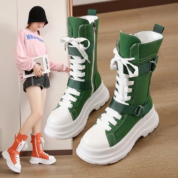 Φθινόπωρο/Χειμώνας 2023 Νέες κοντές μπότες από καμβά Μονόχρωμες μονόχρωμες μπότες με πόρπη με χοντρή σόλα, στρογγυλή κεφαλή Μόδα μπότες με κορδόνια