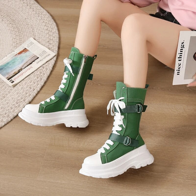 Φθινόπωρο/Χειμώνας 2023 Νέες κοντές μπότες από καμβά Μονόχρωμες μονόχρωμες μπότες με πόρπη με χοντρή σόλα, στρογγυλή κεφαλή Μόδα μπότες με κορδόνια