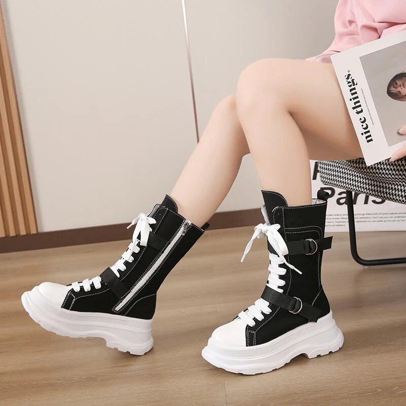 Φθινόπωρο/Χειμώνας 2023 Νέες κοντές μπότες από καμβά Μονόχρωμες μονόχρωμες μπότες με πόρπη με χοντρή σόλα, στρογγυλή κεφαλή Μόδα μπότες με κορδόνια