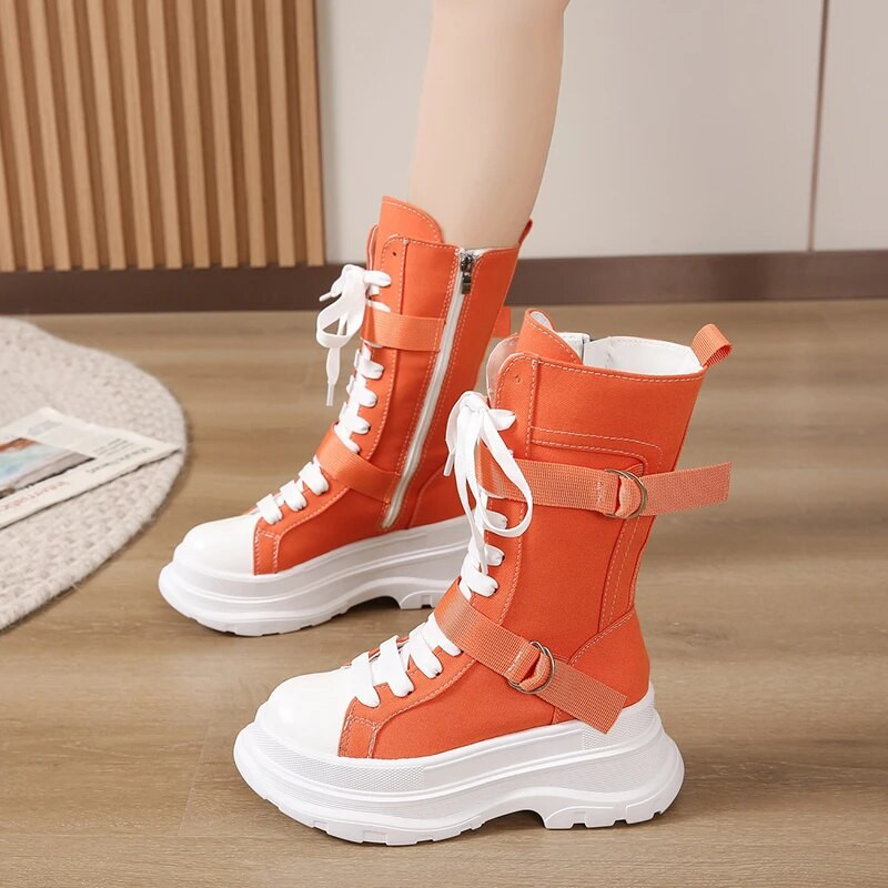 Φθινόπωρο/Χειμώνας 2023 Νέες κοντές μπότες από καμβά Μονόχρωμες μονόχρωμες μπότες με πόρπη με χοντρή σόλα, στρογγυλή κεφαλή Μόδα μπότες με κορδόνια