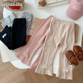 0-5-aastane vastsündinu tüdruk Kevad- ja sügisene vibu elastne vöökoht kellukesega püksid Pruunid mood Sobivad põhjaga roosa hall