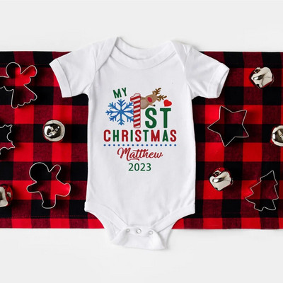 Primul meu body pentru bebeluși de Crăciun, barcel personalizat pentru nou-născut, nume personalizat, botez pentru bebeluși, haine cu mânecă scurtă, ținute de petrecere de Crăciun