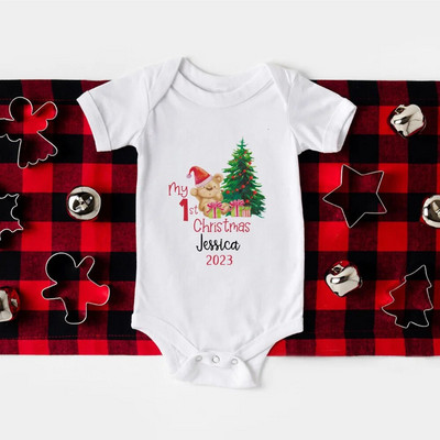 Primul meu body pentru bebeluși de Crăciun, barcel personalizat pentru nou-născut, nume personalizat, botez pentru bebeluși, haine cu mânecă scurtă, ținute de petrecere de Crăciun