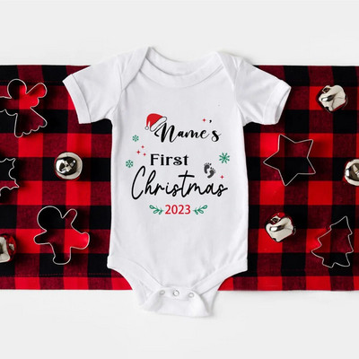 Primul meu body pentru bebeluși de Crăciun, barcel personalizat pentru nou-născut, nume personalizat, botez pentru bebeluși, haine cu mânecă scurtă, ținute de petrecere de Crăciun