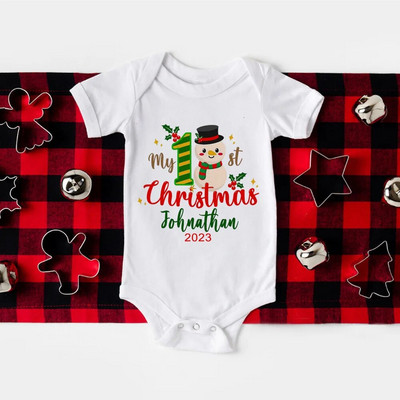 Primul meu body pentru bebeluși de Crăciun, barcel personalizat pentru nou-născut, nume personalizat, botez pentru bebeluși, haine cu mânecă scurtă, ținute de petrecere de Crăciun