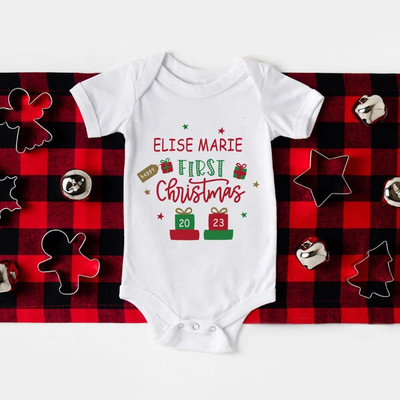 Primul meu body pentru bebeluși de Crăciun, barcel personalizat pentru nou-născut, nume personalizat, botez pentru bebeluși, haine cu mânecă scurtă, ținute de petrecere de Crăciun