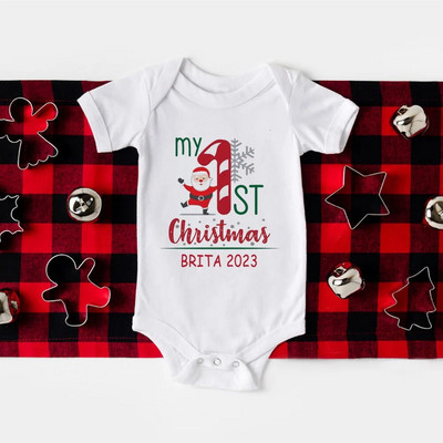 Primul meu body pentru bebeluși de Crăciun, barcel personalizat pentru nou-născut, nume personalizat, botez pentru bebeluși, haine cu mânecă scurtă, ținute de petrecere de Crăciun