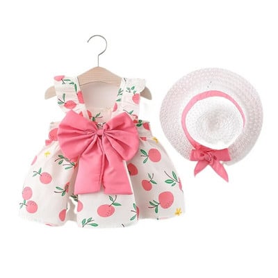 Бебешка рокля Прекрасни летни дрехи за бебета и момичета с голяма панделка, тънки памучни рокли без ръкави, шапка за слънце, комплект дрехи за новородено