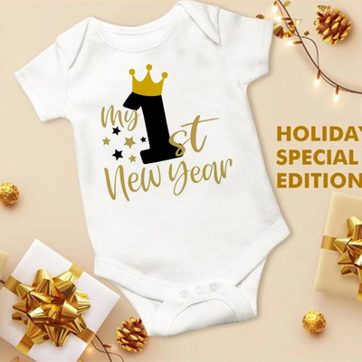 Βρεφικά φορμάκια για την 1η μου Πρωτοχρονιά Λευκά Βρεφικά ρούχα Πρωτοχρονιάτικο πάρτι για αγόρια κορίτσια Romper Κοντομάνικα νεογέννητα φορμάκια