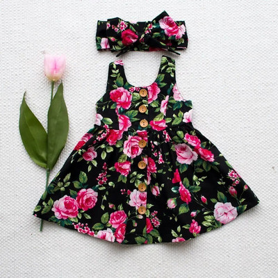 Лятна детска рокля на принцеса Рокля за момичета Рокли без ръкави с копчета на цветя + Облекло за лента за глава Дрехи за момичета 1-4 години