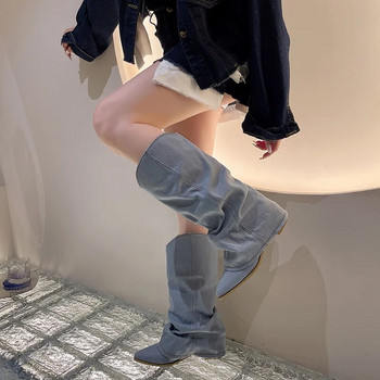 Дамски обувки 2023 Горещи разпродажби Дамски ботуши с приплъзване Модни плътни парти ботуши Дамски секси остри пръсти до средата на прасеца Вътрешно повдигане
