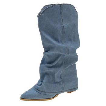 Дамски обувки 2023 Горещи разпродажби Дамски ботуши с приплъзване Модни плътни парти ботуши Дамски секси остри пръсти до средата на прасеца Вътрешно повдигане