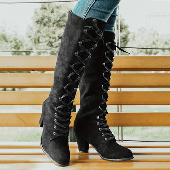 Γυναικείες μακριές μπότες με χοντρό τακούνι ρετρό μονόχρωμες μπότες με κορδόνια ψηλά στο γόνατο Casual μπότες ιππασίας με τακούνι