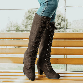 Γυναικείες μακριές μπότες με χοντρό τακούνι ρετρό μονόχρωμες μπότες με κορδόνια ψηλά στο γόνατο Casual μπότες ιππασίας με τακούνι