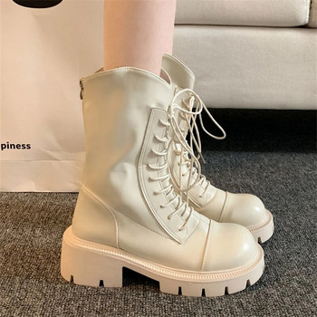 Γυναικεία μπότα μεσαίας γάμπας για τον χειμώνα 2023 Fashion Lace Up Χοντρό πάτο Knight Booties Επαγγελματικά παπούτσια για κορίτσια σε πλατφόρμα