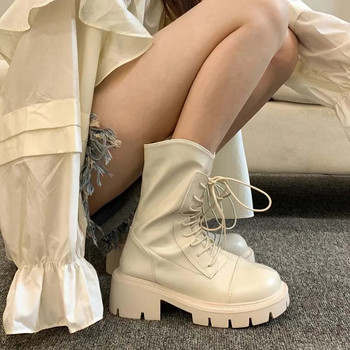 Γυναικεία μπότα μεσαίας γάμπας για τον χειμώνα 2023 Fashion Lace Up Χοντρό πάτο Knight Booties Επαγγελματικά παπούτσια για κορίτσια σε πλατφόρμα