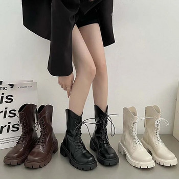 Дамски ботуши до средата на прасеца за зимата на 2023 г. Модни обувки с връзки и дебело дъно Рицарски ботуши Дизайнерски обувки на платформа за момиче