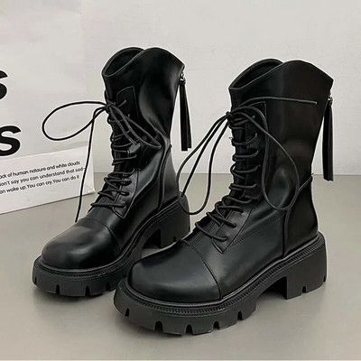 Cizme de damă la jumătatea gambei pentru iarna 2023, la modă, cu șireturi, cu fundul gros, pantofi cavaler, pantofi cu platformă pentru fete de designer