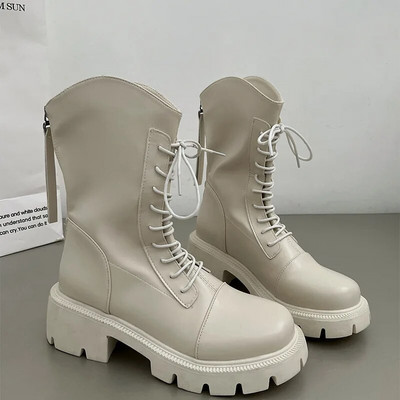 Cizme de damă la jumătatea gambei pentru iarna 2023, la modă, cu șireturi, cu fundul gros, pantofi cavaler, pantofi cu platformă pentru fete de designer
