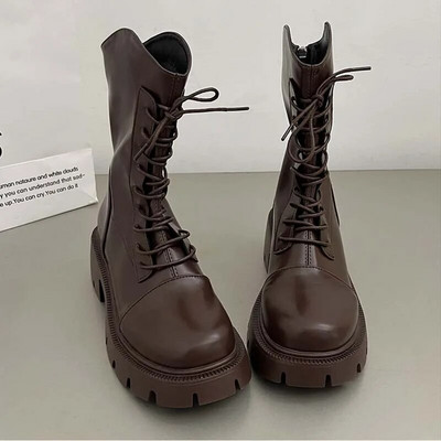 Cizme de damă la jumătatea gambei pentru iarna 2023, la modă, cu șireturi, cu fundul gros, pantofi cavaler, pantofi cu platformă pentru fete de designer