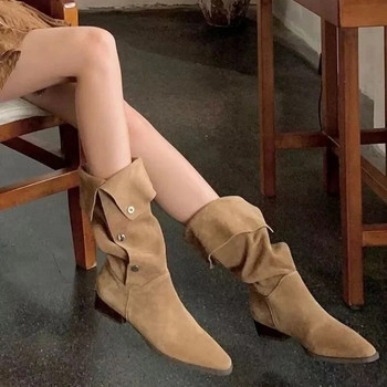 Καυτές εκπτώσεις Western Knight Μπότες Φθινοπωρινές Γυναικείες Γυναικείες Μπότες στη μέση της γάμπας Μόδα με μυτερό τετράγωνο τακούνι, βρετανικά πλισέ γυναικεία παπούτσια