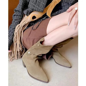Καυτές εκπτώσεις Western Knight Μπότες Φθινοπωρινές Γυναικείες Γυναικείες Μπότες στη μέση της γάμπας Μόδα με μυτερό τετράγωνο τακούνι, βρετανικά πλισέ γυναικεία παπούτσια