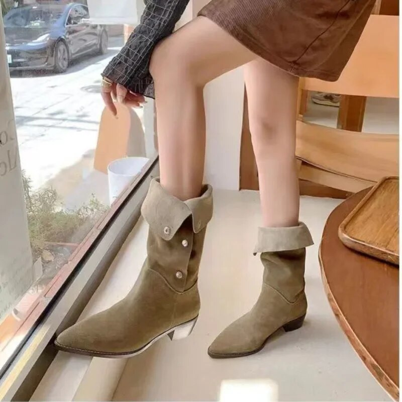 Καυτές εκπτώσεις Western Knight Μπότες Φθινοπωρινές Γυναικείες Γυναικείες Μπότες στη μέση της γάμπας Μόδα με μυτερό τετράγωνο τακούνι, βρετανικά πλισέ γυναικεία παπούτσια