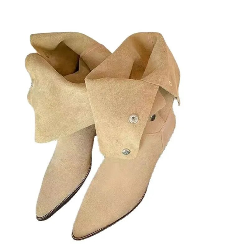 Καυτές εκπτώσεις Western Knight Μπότες Φθινοπωρινές Γυναικείες Γυναικείες Μπότες στη μέση της γάμπας Μόδα με μυτερό τετράγωνο τακούνι, βρετανικά πλισέ γυναικεία παπούτσια