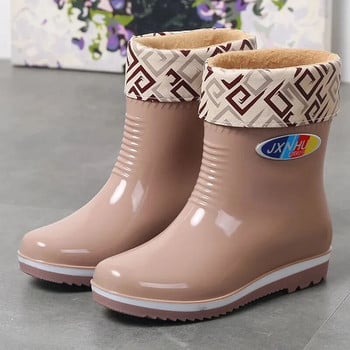 Winter Thicken Plus Velvet Rain Boots Γυναικείες PVC αδιάβροχες αντιολισθητικές μπότες εξωτερικής πλατφόρμας για τον αστράγαλο Ζεστό χαμηλό τακούνι Επαγγελματικό παπούτσι