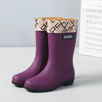 Winter Thicken Plus Velvet RainBoots Дамски PVC водоустойчиви нехлъзгащи се външни ботуши на платформа Топли работни дизайнерски обувки на нисък ток