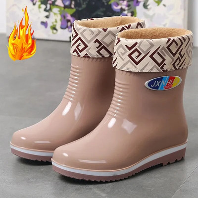 Winter Thicken Plus Velvet Rain Boots Γυναικείες PVC αδιάβροχες αντιολισθητικές μπότες εξωτερικής πλατφόρμας για τον αστράγαλο Ζεστό χαμηλό τακούνι Επαγγελματικό παπούτσι