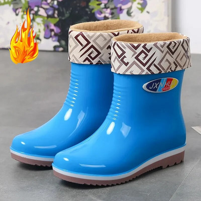 Winter Thicken Plus Velvet Rain Boots Γυναικείες PVC αδιάβροχες αντιολισθητικές μπότες εξωτερικής πλατφόρμας για τον αστράγαλο Ζεστό χαμηλό τακούνι Επαγγελματικό παπούτσι