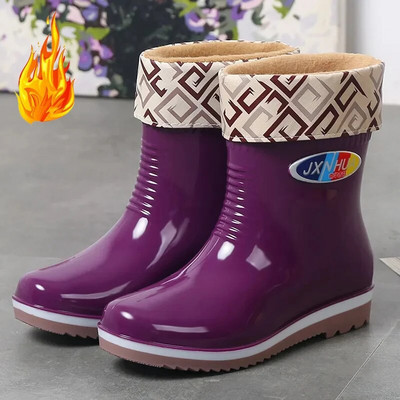 Winter Thicken Plus Velvet Rain Boots Γυναικείες PVC αδιάβροχες αντιολισθητικές μπότες εξωτερικής πλατφόρμας για τον αστράγαλο Ζεστό χαμηλό τακούνι Επαγγελματικό παπούτσι