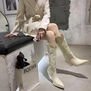 ίδιες λευκές καουμπόικες μπότες ρετρό δίχτυ κόκκινο λεπτό μυτερό ψηλό βαρέλι Μπότες Knight μπότες με χοντρό τακούνι γυναικεία μπότες μέχρι το γόνατο