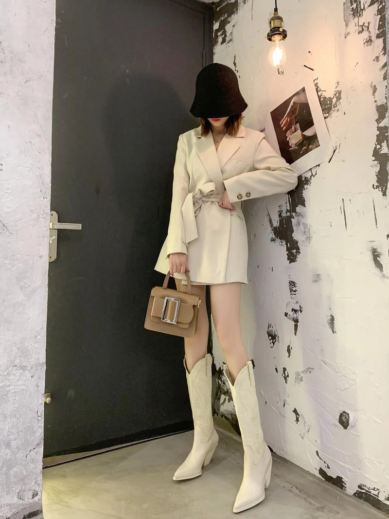 ίδιες λευκές καουμπόικες μπότες ρετρό δίχτυ κόκκινο λεπτό μυτερό ψηλό βαρέλι Μπότες Knight μπότες με χοντρό τακούνι γυναικεία μπότες μέχρι το γόνατο