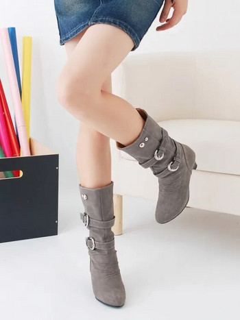 Μεγάλο μέγεθος 34-43 Φθινοπωρινό Χειμερινό PU Δερμάτινη πόρπη Χονδρές γόβες Mid Calf Μπότες Hot Sale Round Toe Slip σε casual γυναικείο παπούτσι