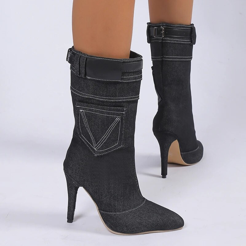 2023. aasta naiste jalanõud, sääre keskosa naiste saapad Seksikad moodsad naiste saapad, tugevad libisevad õmmeldud pandla, terava ninaga õhukese kontsaga naiste kingad