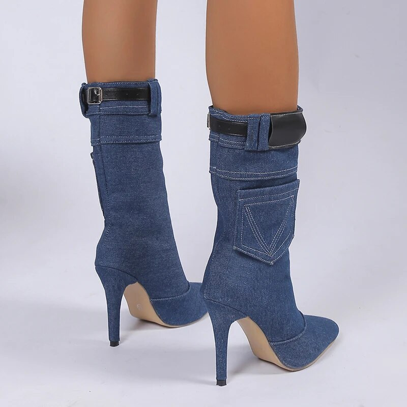 2023. aasta naiste jalanõud, sääre keskosa naiste saapad Seksikad moodsad naiste saapad, tugevad libisevad õmmeldud pandla, terava ninaga õhukese kontsaga naiste kingad