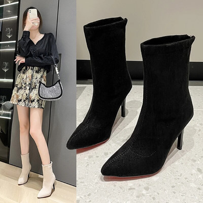 2023, noi șosete pentru femei, pantofi, țesătură elastică, cizme pentru femei, cu vârf ascuțit, cu tocuri înalte subțiri, cizme chelsea cu toc, sexy, cu șosete