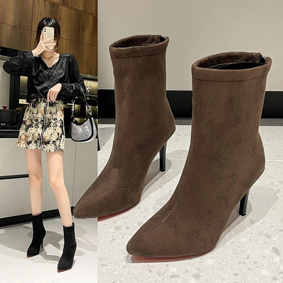 2023, noi șosete pentru femei, pantofi, țesătură elastică, cizme pentru femei, cu vârf ascuțit, cu tocuri înalte subțiri, cizme chelsea cu toc, sexy, cu șosete