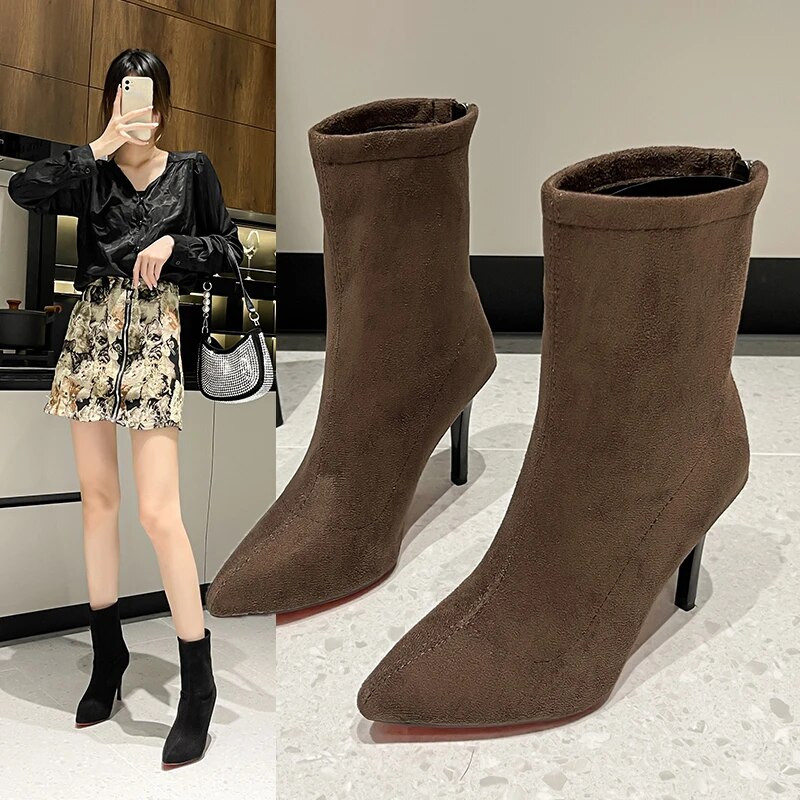 2023, noi șosete pentru femei, pantofi, țesătură elastică, cizme pentru femei, cu vârf ascuțit, cu tocuri înalte subțiri, cizme chelsea cu toc, sexy, cu șosete